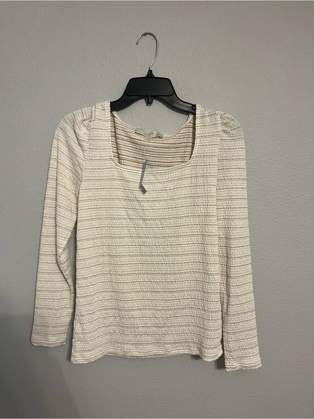LOFT Cream Textured Square-Neck Long Sleeve Top with Subtle Stripes